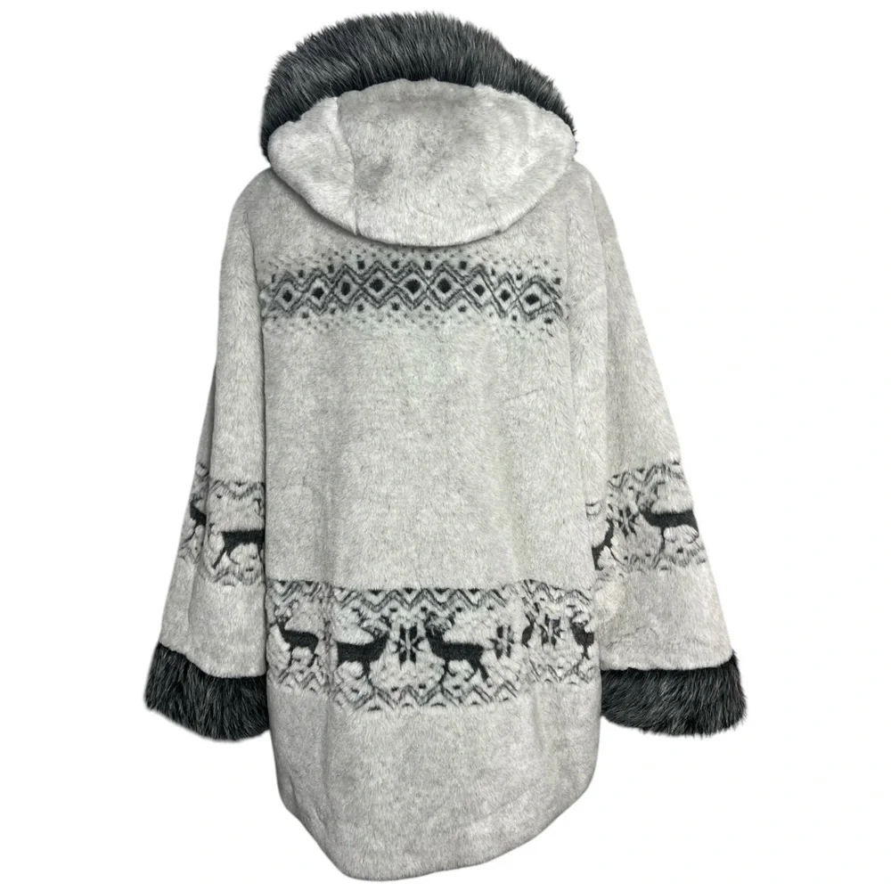 Nordic Lights gray heavyweight faux fur hooded coat deer snowflake motif size L - Picture 3 of 7